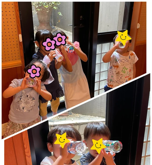 リトミックレッスン👦🏻👧🏻‎

今回は、「年中、年長さんコース」に新しいお友達が入って4人レッスン♪
みんな新しいお友達と直ぐに仲良くなりました☺️
「3歳、年少さんコース」は、2人お休みだったので、「なんか寂しいね‪🥲‎」「なんでお休みなの？」とお友達を気遣う様子も✨️
少人数の良さを感じます💫

レッスンの内容は、「ぶんぶんぶん」の曲に合わせる動きを前回同様に行いました。コースによって出来るとこが違うので、そこはコースによって変えています☺️

ボイスパーカッションも前回と同じ「レッツゴーパン屋さん」を行いました。年中、年長さんコースの生徒さん達にはパンの種類を増やしてより複雑なリズムに取り組みました。

手作り楽器は、「ラッパ」。ペットボトルは、トロピカーナのものでないと良い音が出ないので、この1ヶ月、オレンジジュースをたくさん飲みました😆
年中、年長さんのコースは、重りを付けて音の変化を楽しみ、自分の好きな音にしました。

年少さんのコースは、何故か口ではなく鼻で吹き始めみんなで大笑い😆
楽しいレッスンでした♪
